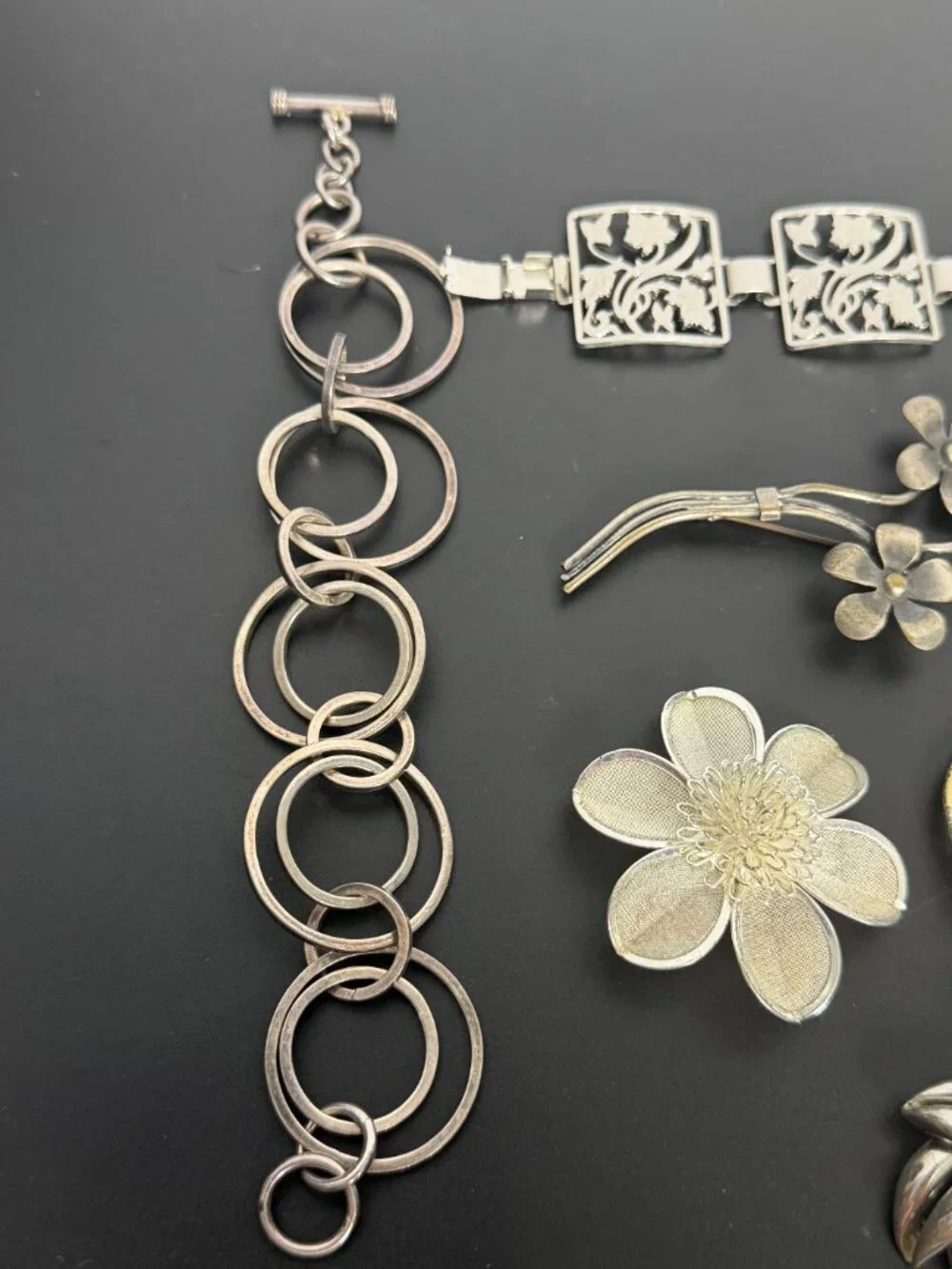 Vintage Botanical Silver Tone Mixed Lot Brooch, Earrings, Bracelet 10pc